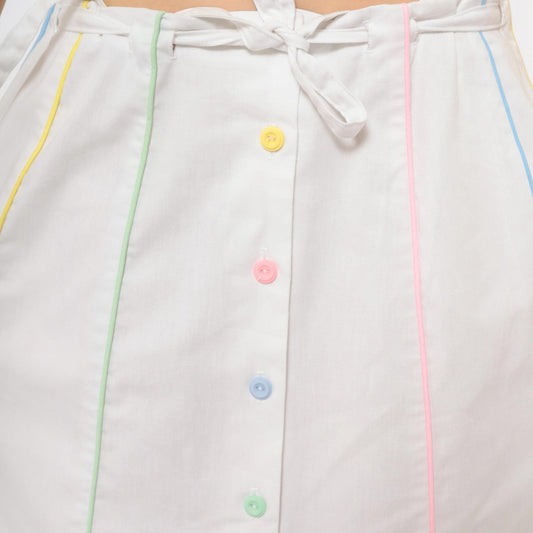 80s Sanibel White Cotton A-Line Midi Skirt Pastel Rainbow Button Front Medium