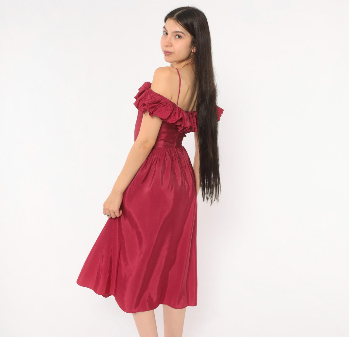 80s Raspberry Off-Shoulder Midi Dress Ruffle Gathered Skirt Extra Small