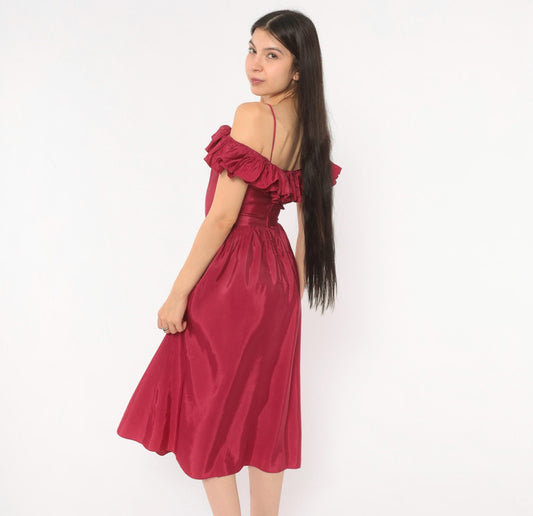 80s Raspberry Off-Shoulder Midi Dress Ruffle Gathered Skirt Extra Small