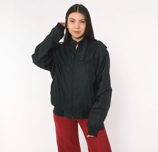 90s Black Bomber Jacket Zip Front Epaulette Military Windbreaker Medium
