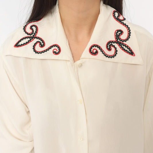 80s Bellows Brut Cream Western Blouse Red Black Embroidered Collar Medium M