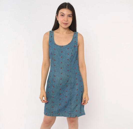 90s California Concepts Rose Embroidered Denim Mini Dress Blue Small