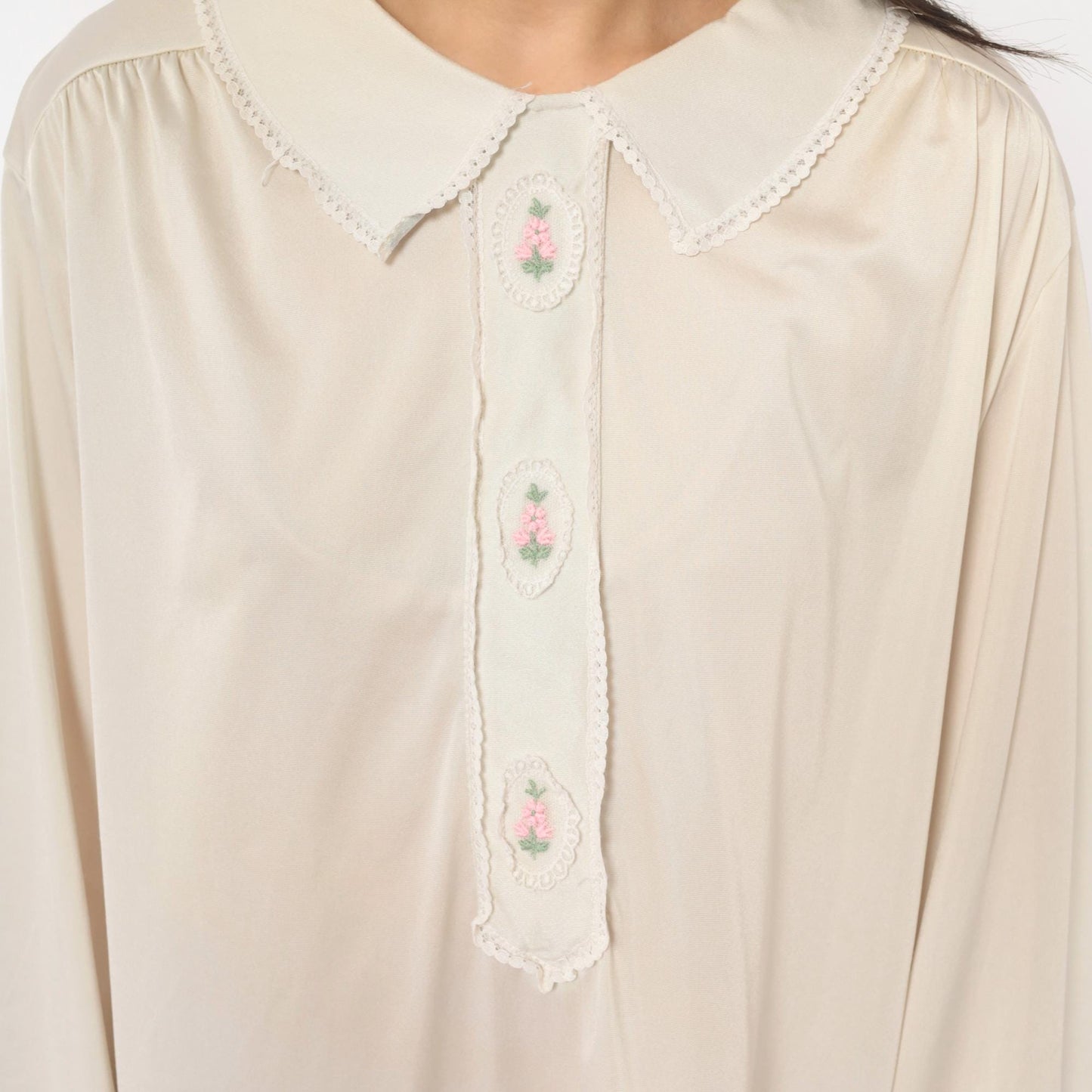 80s Embroidered Floral Nightgown Cream Peter Pan Collar Lace Trim Large L