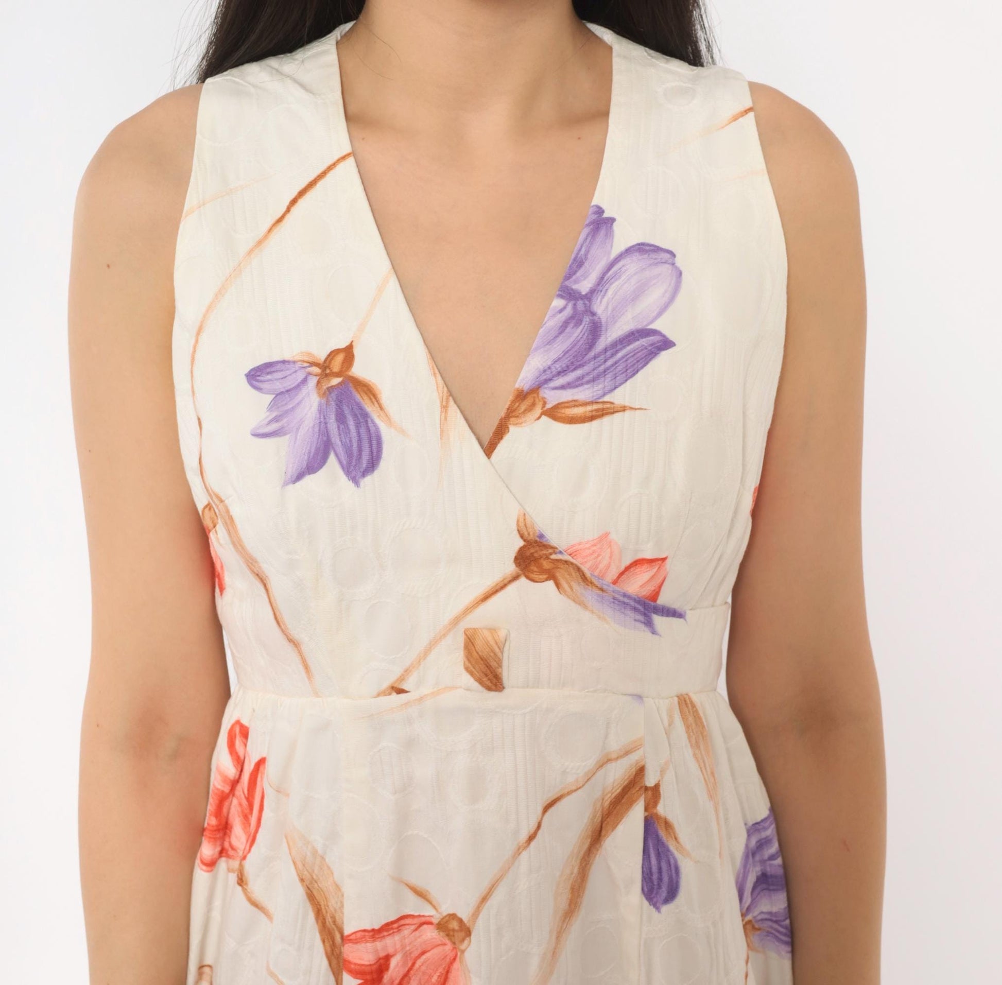 70s Tori Richard Floral Cotton Mini Dress V-Neck Wrap Ivory Small S