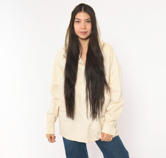 80s Woolrich Cream Cotton Anorak Half-Zip Hooded Pullover Jacket Medium
