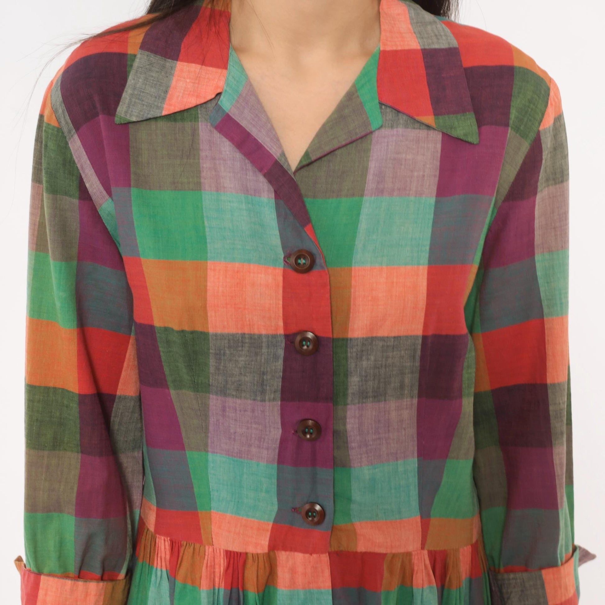 60s Multicolor Plaid Shirtdress Cotton Button Front Midi Purple Green Coral Large