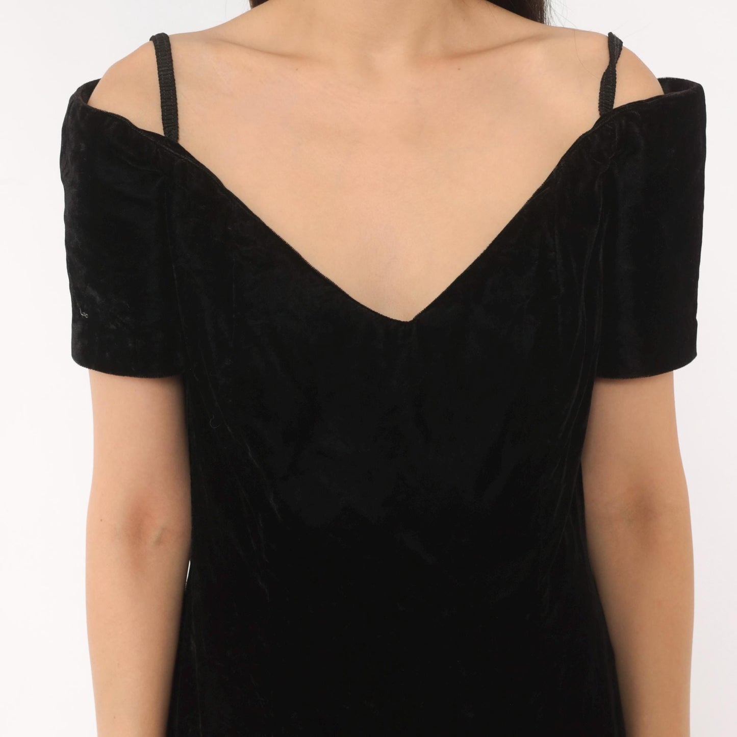 90s Black Velvet Off-Shoulder Dress V-Neck Spaghetti Strap Knee Length Medium M