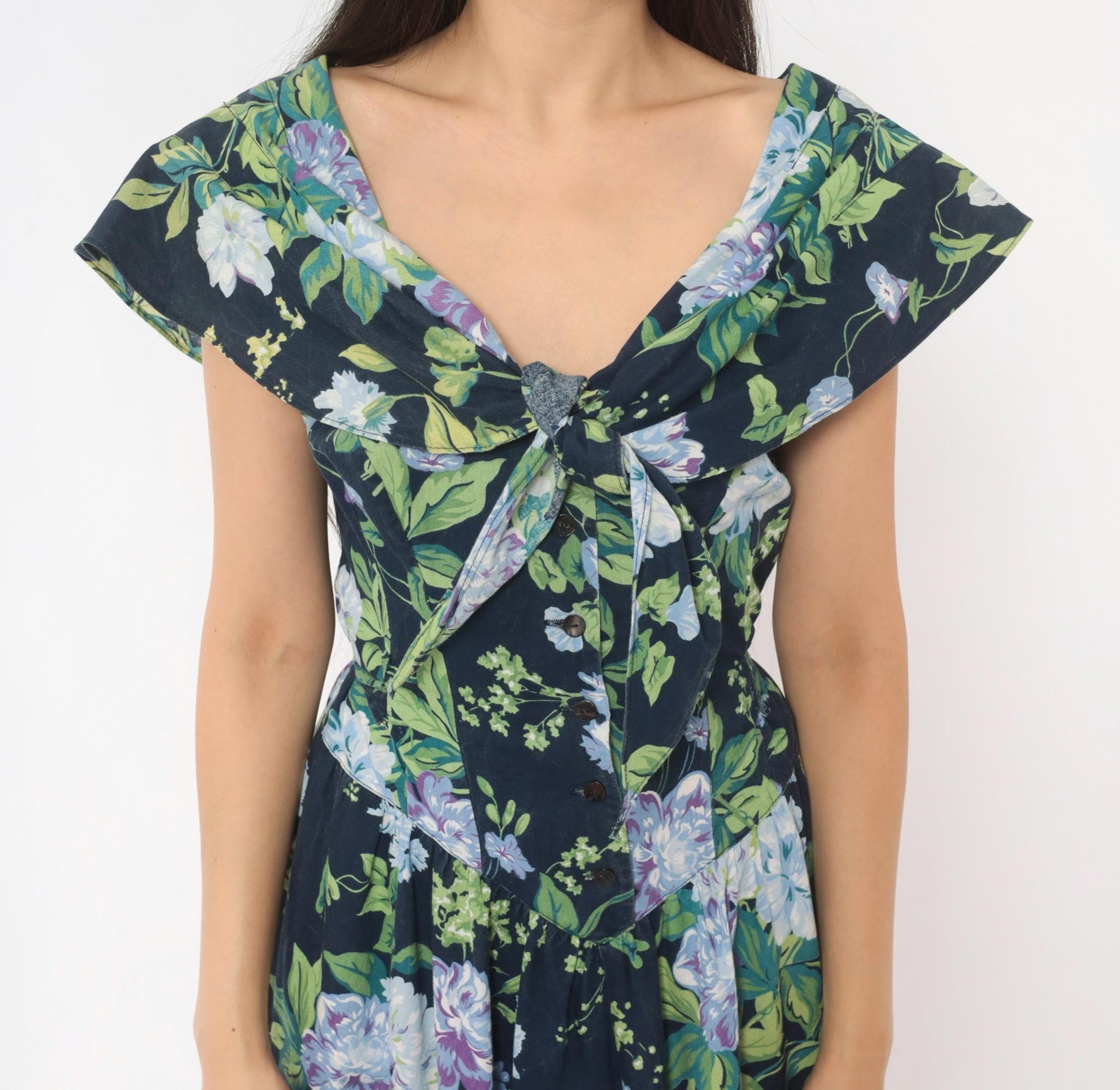 80s Jessica Howard Navy Floral Cotton Dress Sailor Collar Button Front Medium