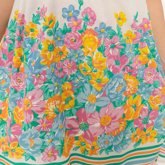 80s White Floral Cotton Sundress Tie Shoulder Knee Length Extra Small XS