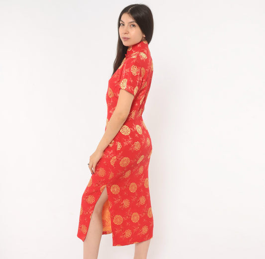 80s Red Gold Cheongsam Midi Dress Mandarin Collar Frog Button Small