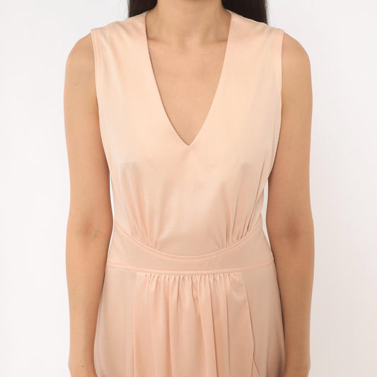 70s Plaza South Peach V-Neck Sundress Pleated Flare Midi Small