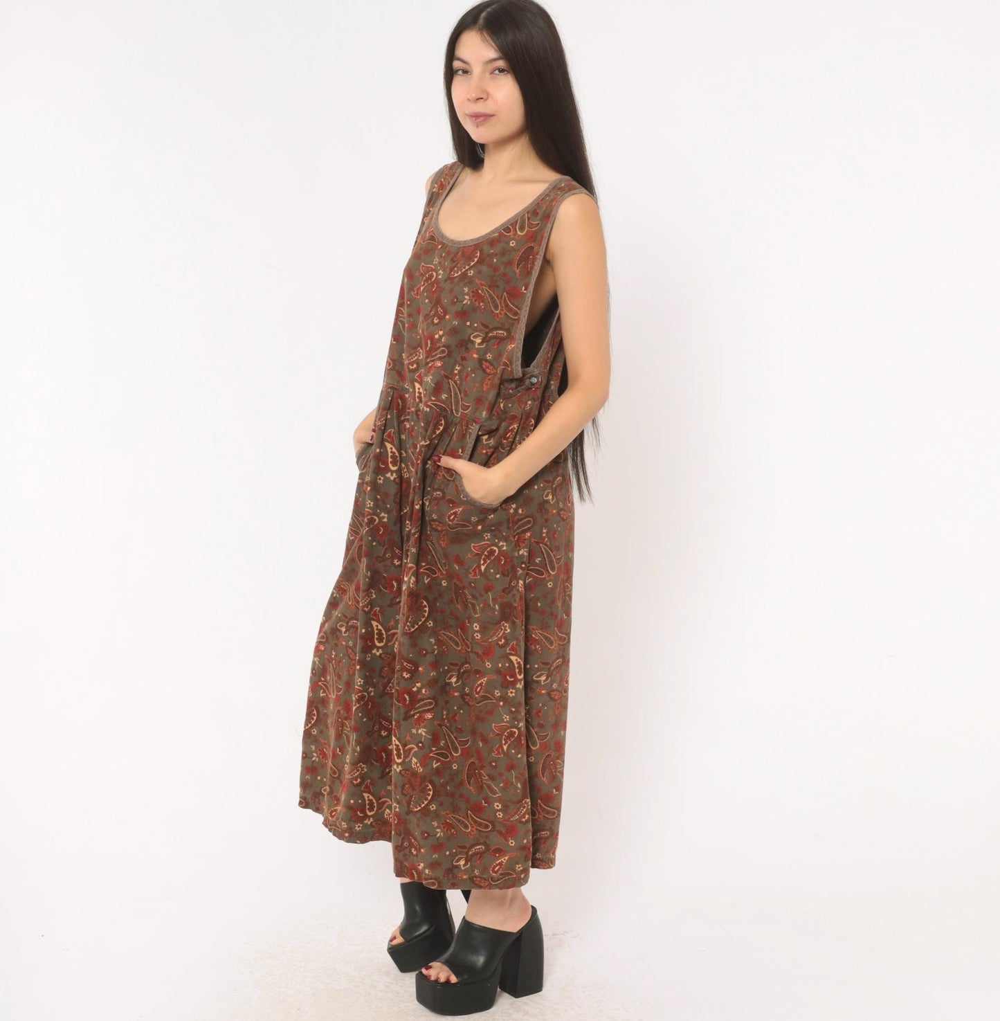 90s Erika Paisley Corduroy Jumper Dress Olive Maxi Pleated Skirt Extra Large XXL