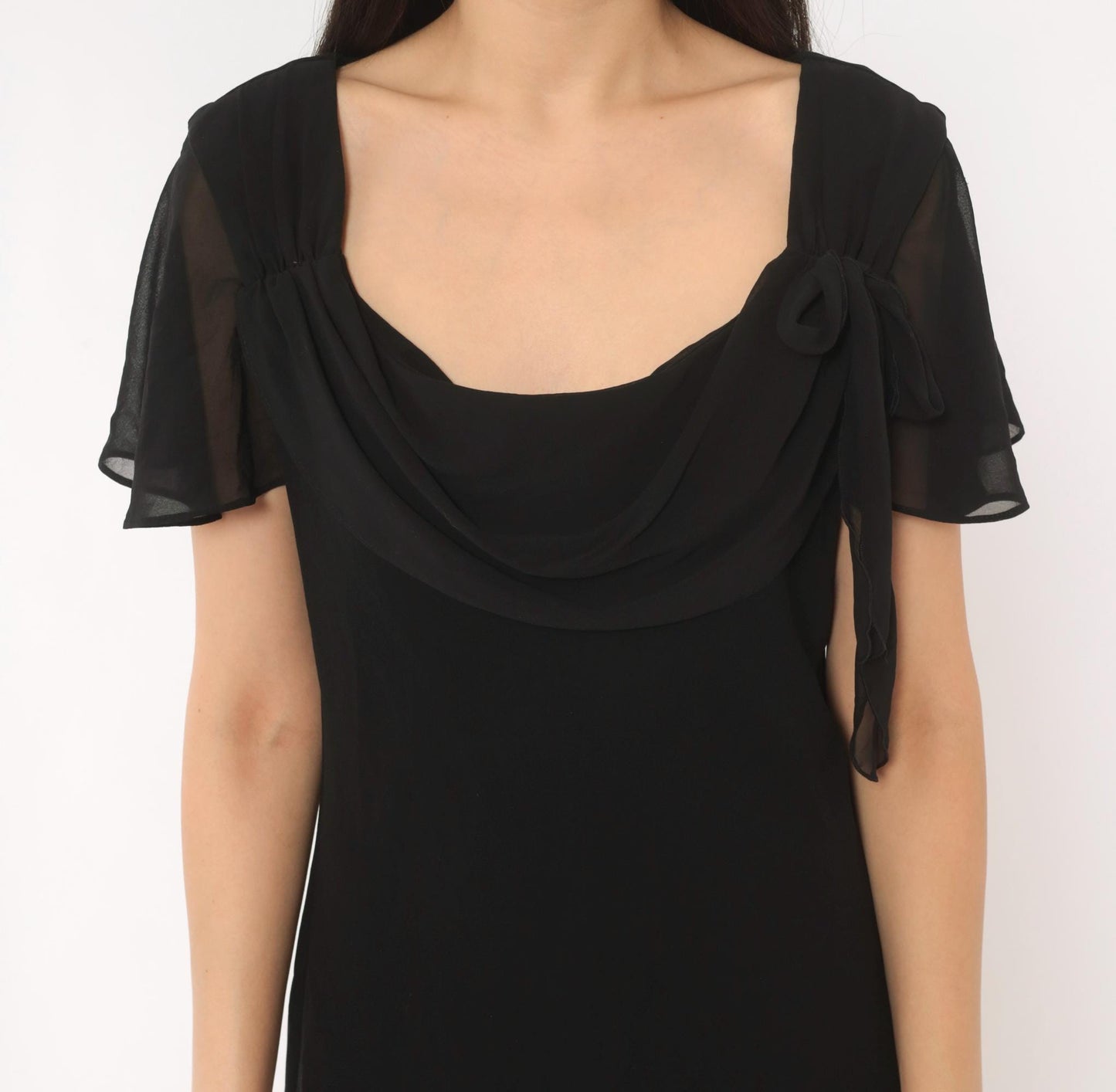 90s SL Fashions Black Chiffon Midi Dress Cowl Neck Flutter Sleeve Large