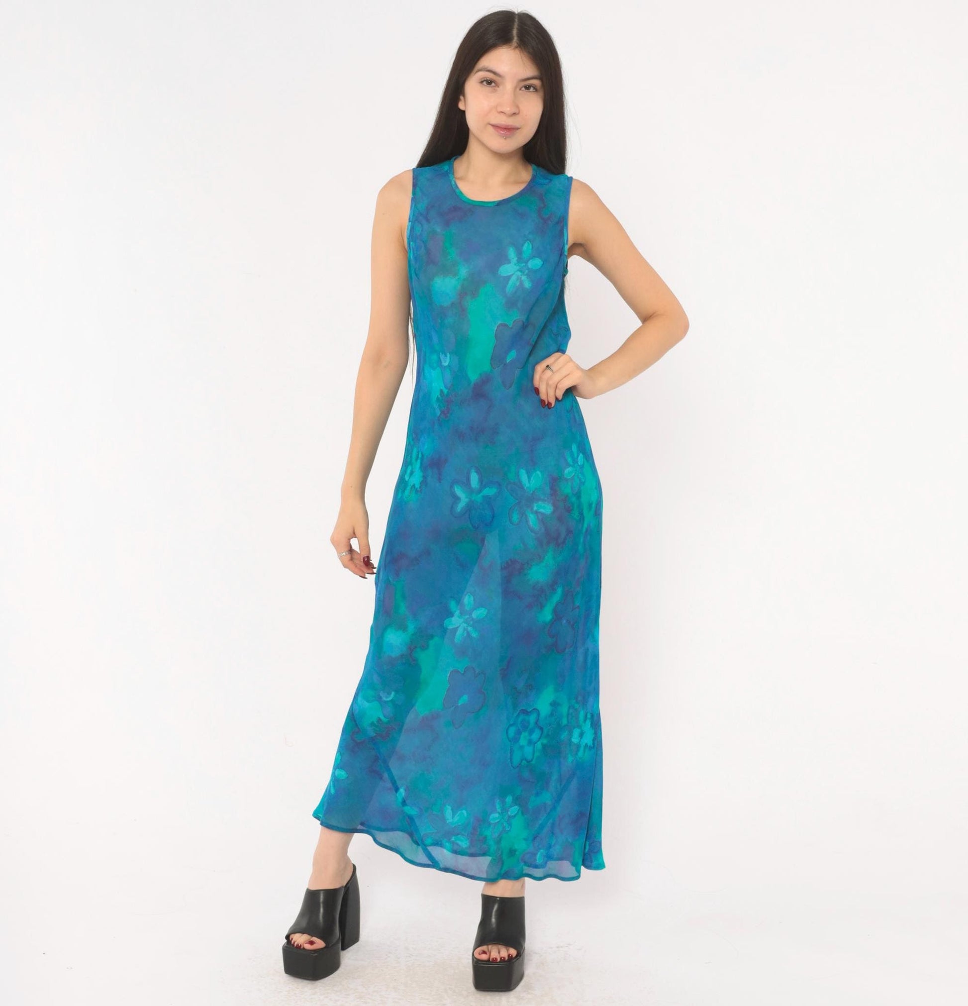 90s Mica Floral Maxi Dress Blue Teal Watercolor Chiffon Sleeveless Small S
