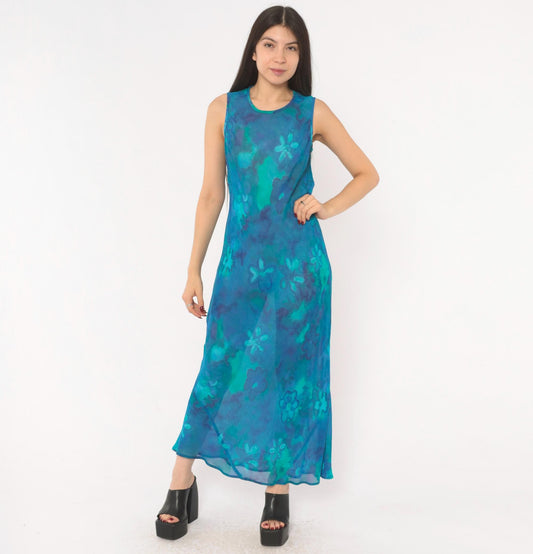 90s Mica Floral Maxi Dress Blue Teal Watercolor Chiffon Sleeveless Small S