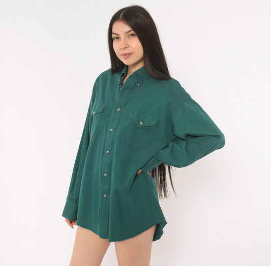 90s Wrangler Western Shirt Forest Green Cotton Button Down Long Sleeve Large