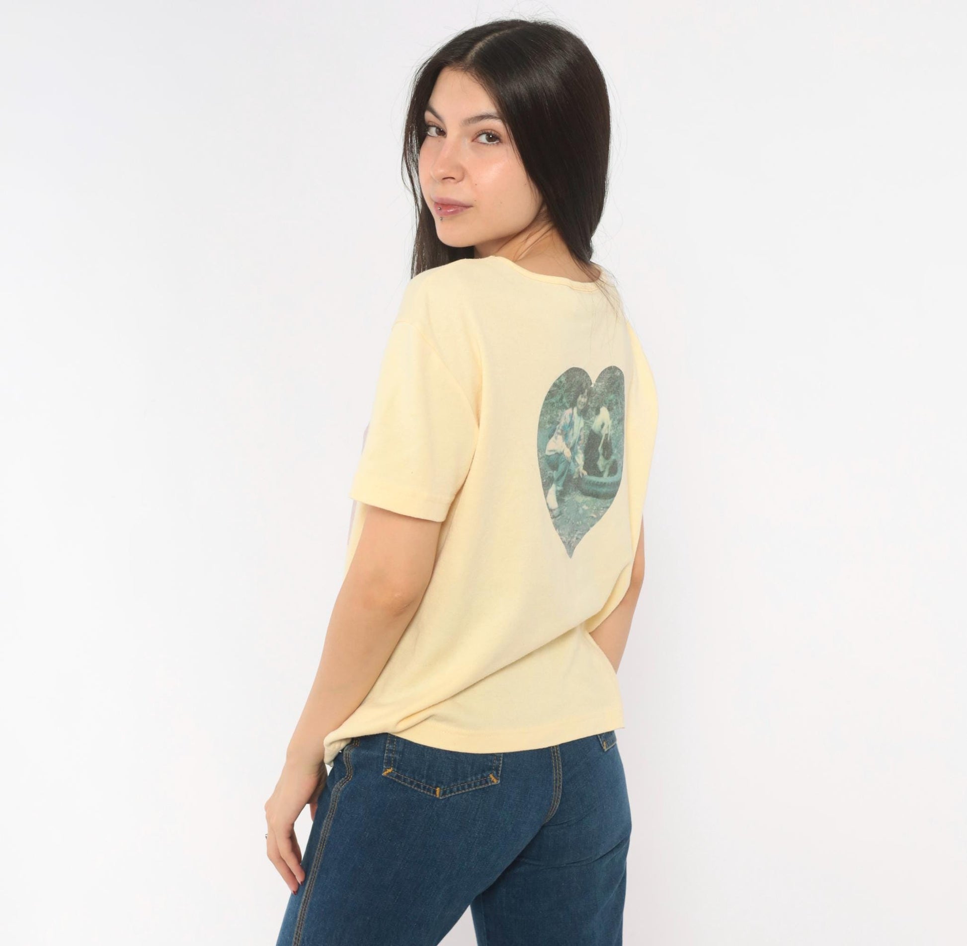90s Basic Editions Panda Photo Print Tee Butter Yellow Heart Graphic Small