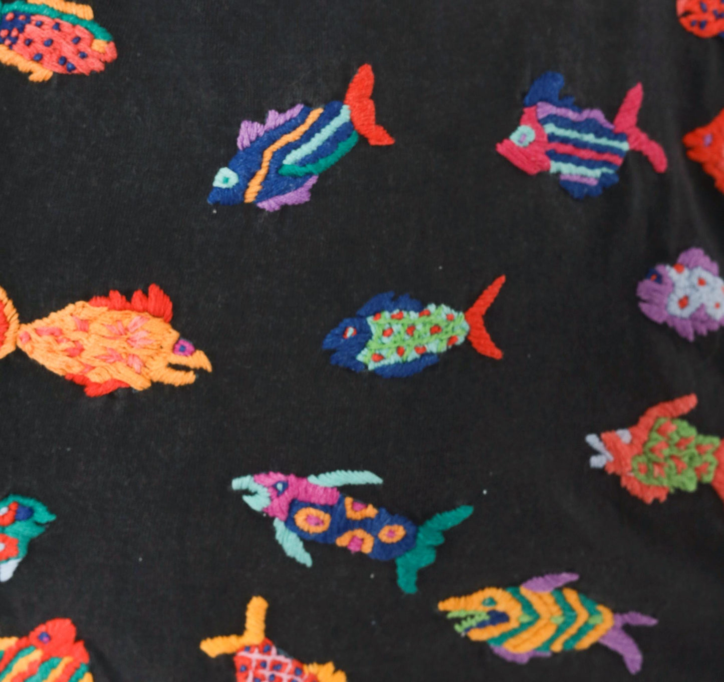90s Las Manos Embroidered Fish Crop Top Black Cotton Rainbow Tropical Medium