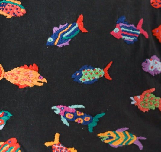 90s Las Manos Embroidered Fish Crop Top Black Cotton Rainbow Tropical Medium