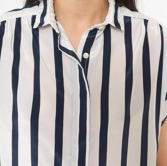 80s Navy White Striped Camp Collar Blouse Button Front Medium