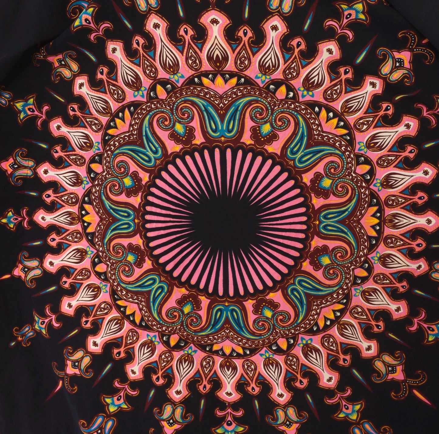 2000s Black Mandala Kaftan Paisley Print Pink V-Neck Bat Wing Maxi Dress One Size