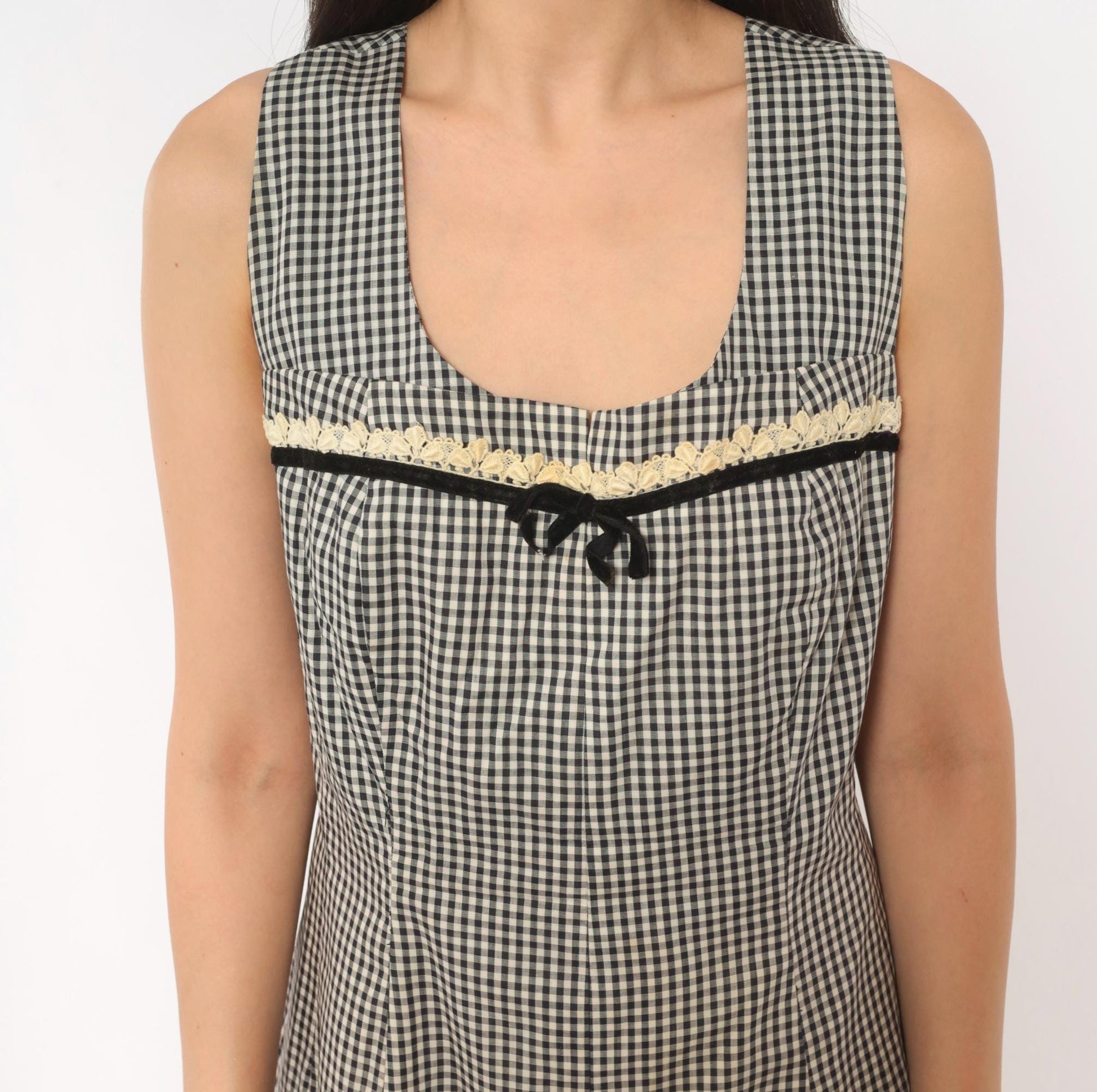 60s Black White Gingham Midi Dress Empire Waist Lace Trim Cotton Large L