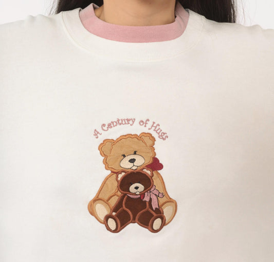 90s M Energy Sportswear Teddy Bear Embroidered Sweatshirt White Pink Ringer Medium