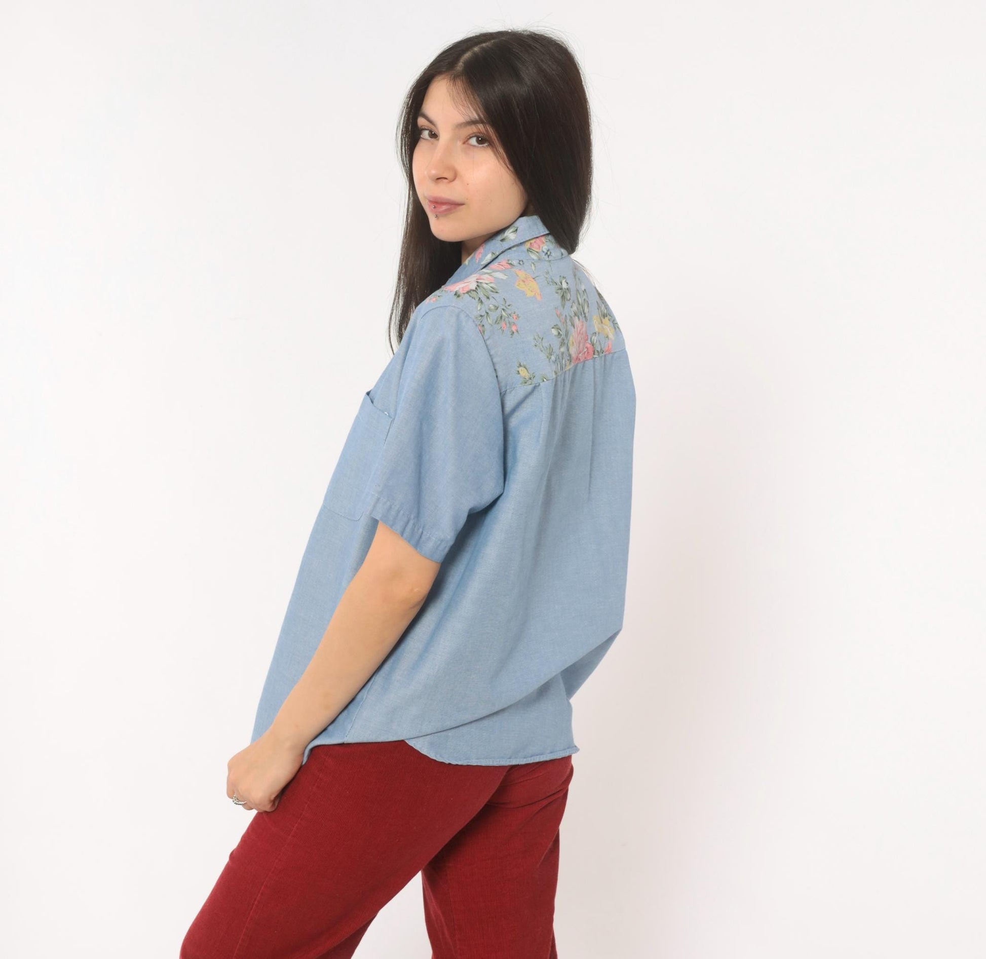 90s Alfred Dunner Floral Yoke Chambray Shirt Blue Button Front Medium