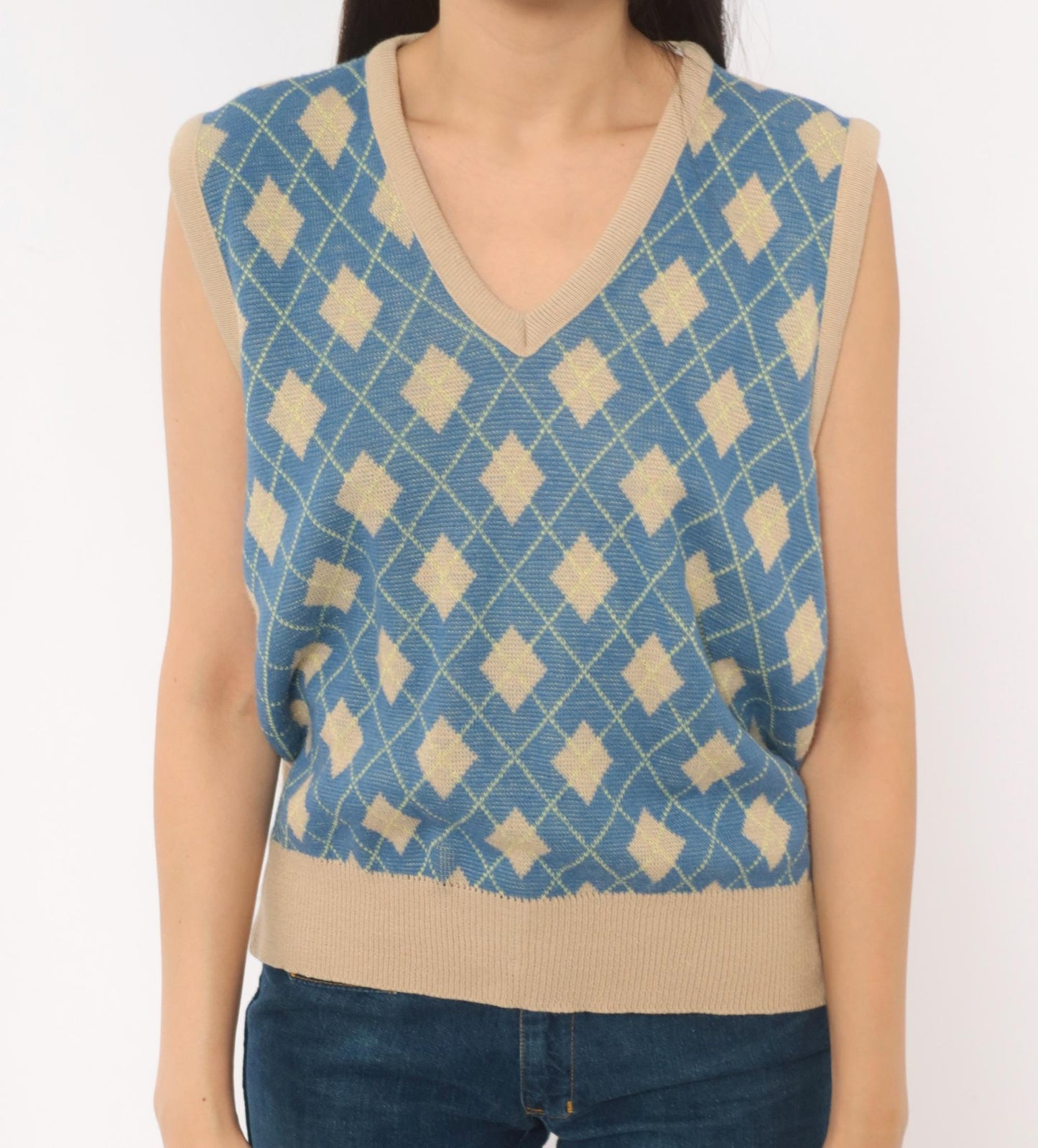 70s Pinnacle Argyle Knit Vest Blue Tan Diamond V-Neck Medium