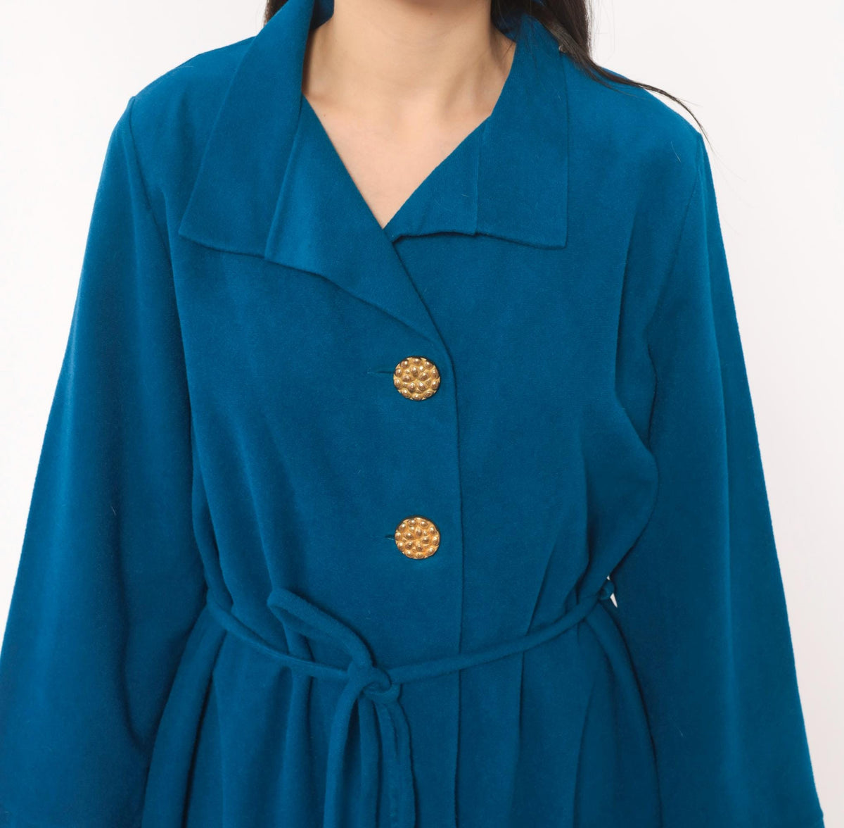 70s Vassarette Cobalt Belted Wrap Coat Knee Length Gold Buttons Medium