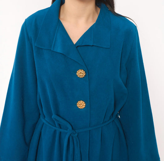 70s Vassarette Cobalt Belted Wrap Coat Knee Length Gold Buttons Medium