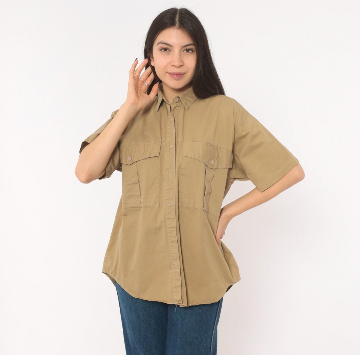 90s Forenza Tan Safari Button Shirt Cotton Khaki Utility Blouse Small S