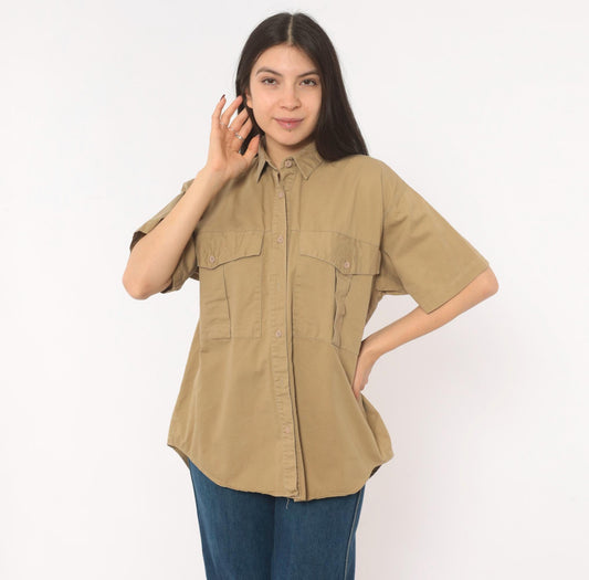 90s Forenza Tan Safari Button Shirt Cotton Khaki Utility Blouse Small S