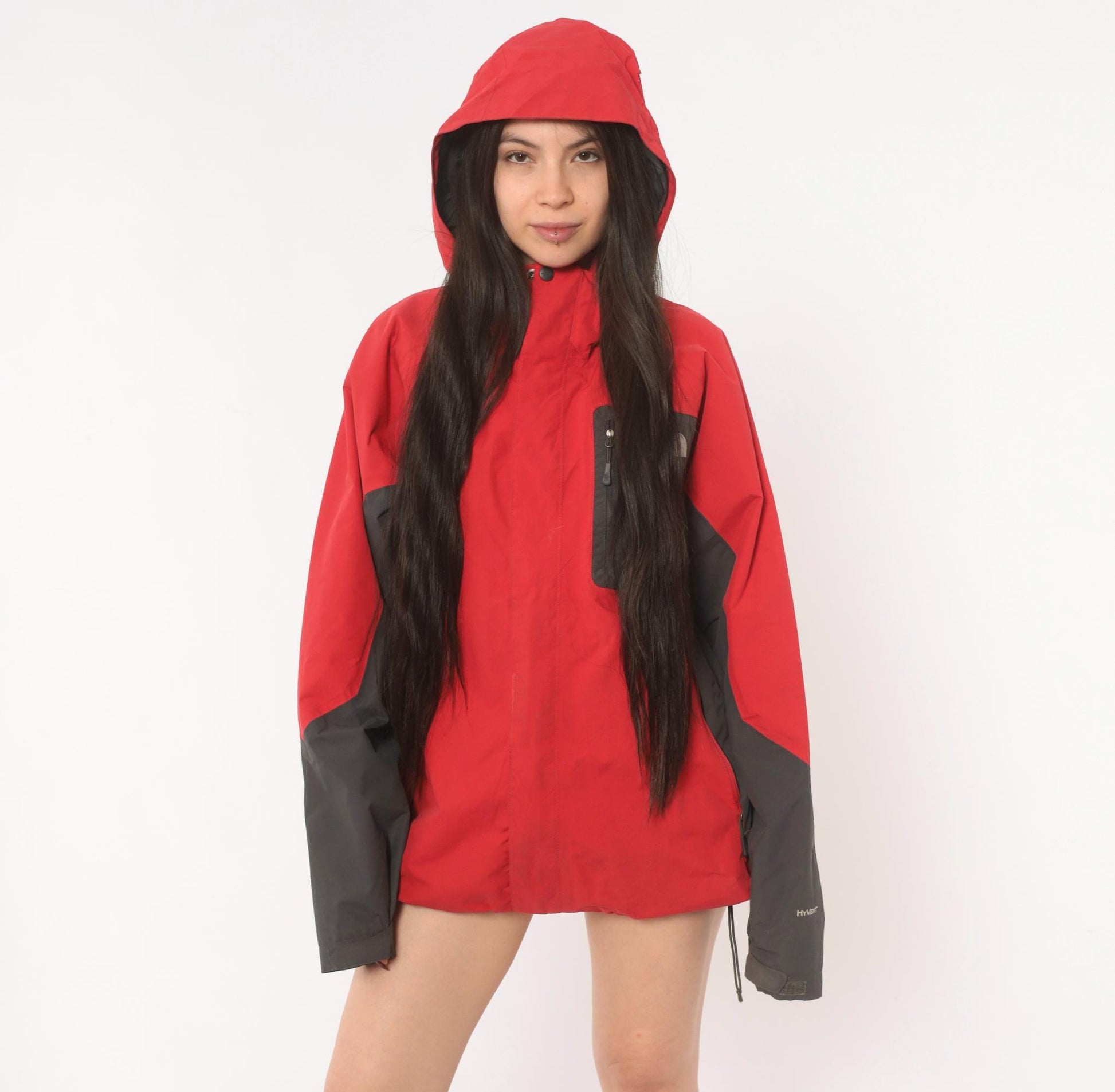 2000s The North Face Red Black HyVent Hooded Windbreaker Large L