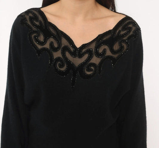80s Sunbow 2 Black Beaded Mesh V-Neck Angora Pullover Dolman Sleeve Medium