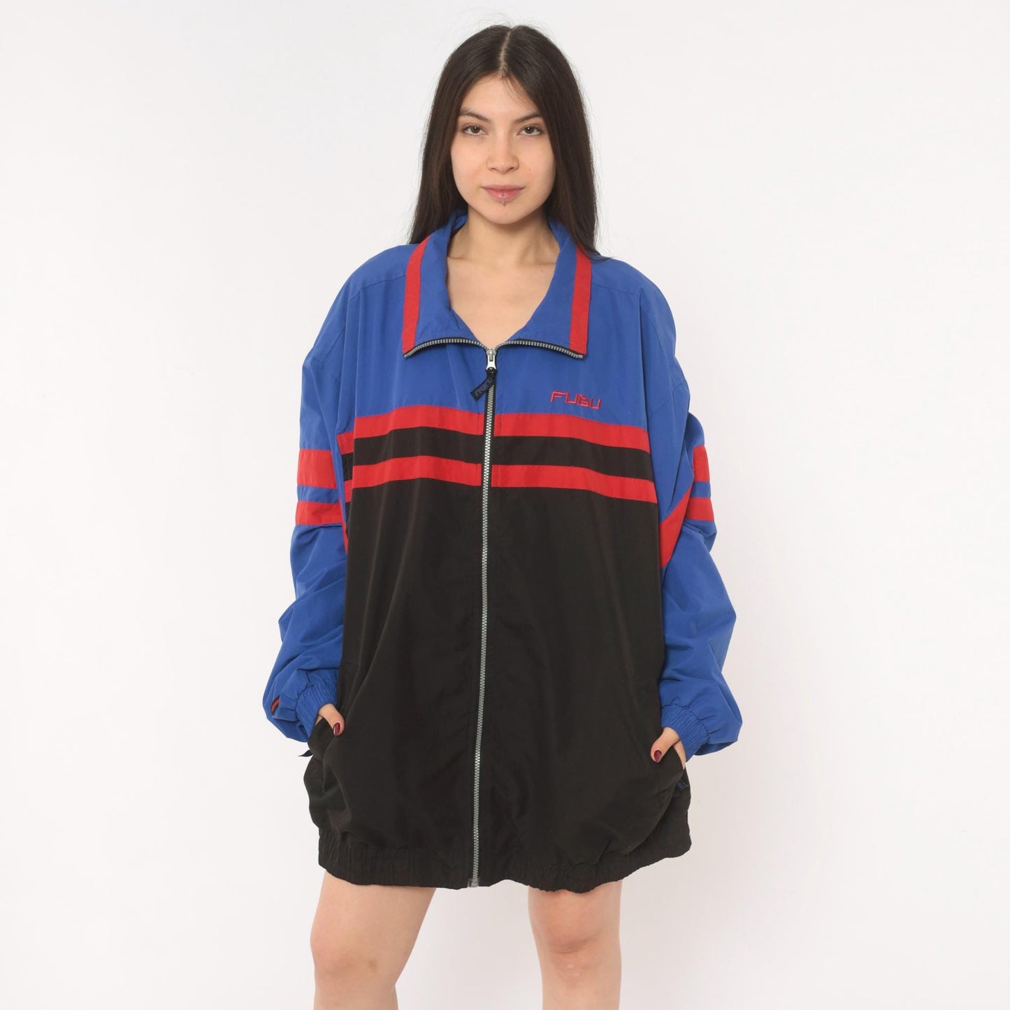 90s FUBU Sports Collection Windbreaker Royal Blue Black Red Colorblock Extra Large XL