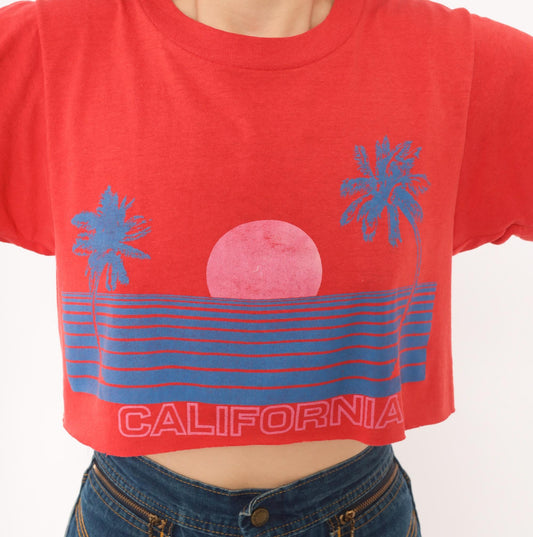 80s California Sunset Crop Top Red Graphic Tee Palm Tree Raglan Medium M