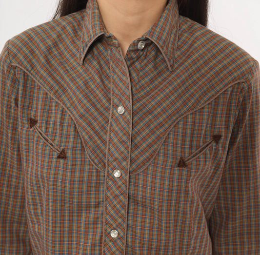70s Western Plaid Shirt Pearl Snap Brown Blue Check Cotton Yoke Medium M