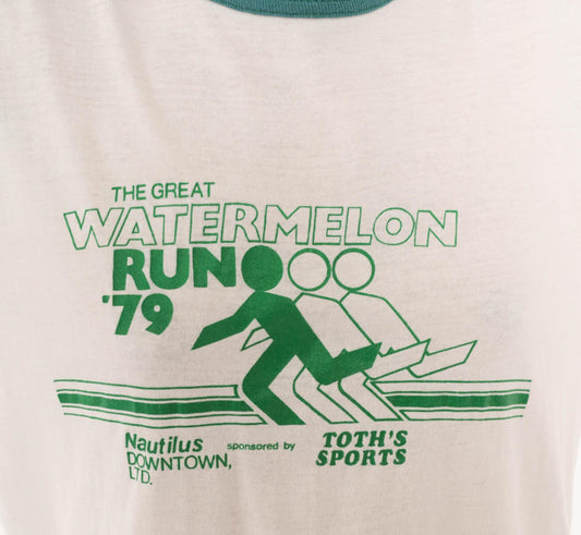 70s Watermelon Run Ringer Tee White Green Graphic Race Event Large L