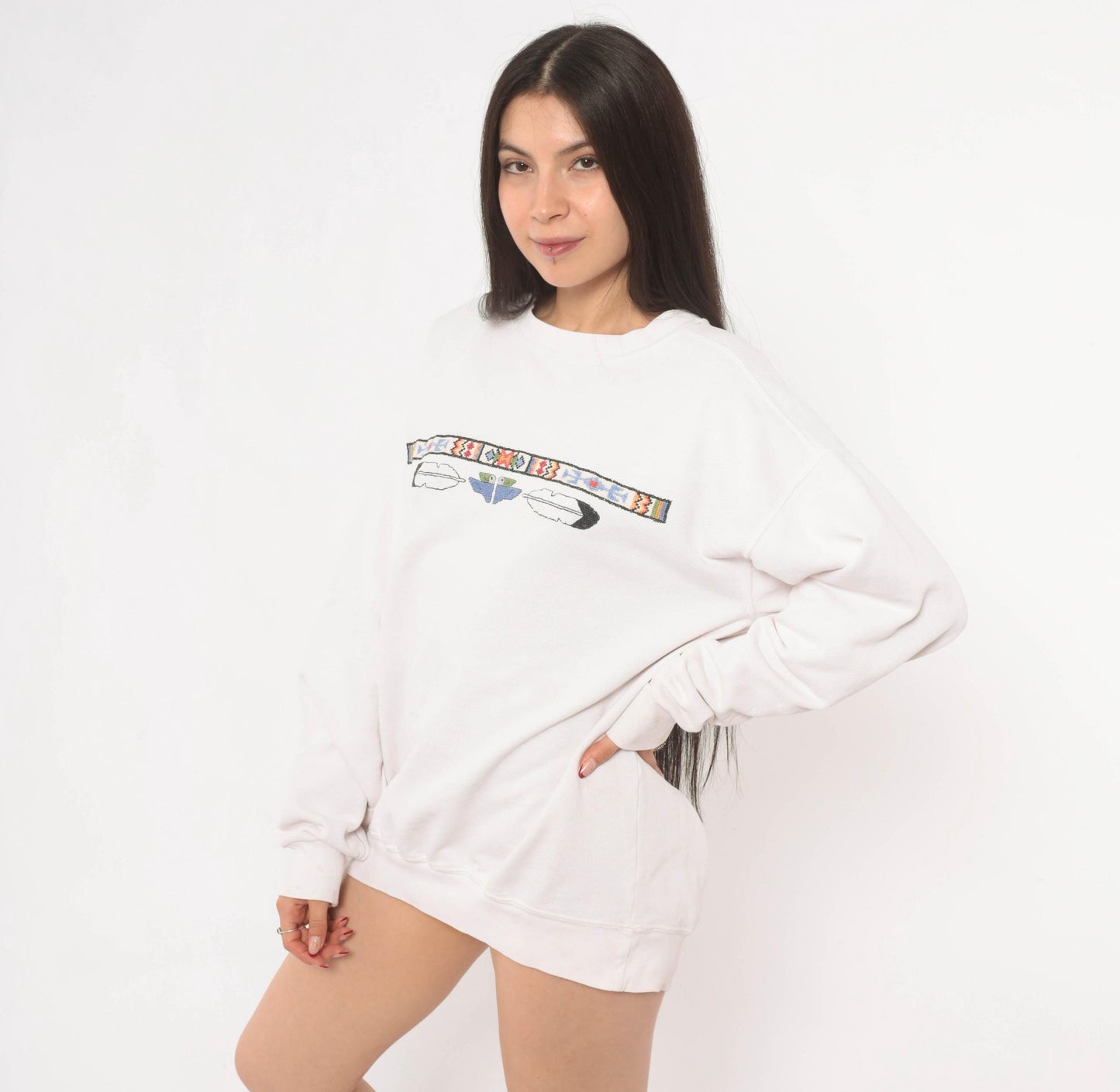90s Sunbelt Southwestern Sweatshirt Cross Stitch Embroidered Eagle Cream Cotton Large