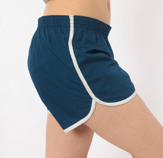 80s Navy Running Shorts White Piping Cotton Dolphin Hem Large L