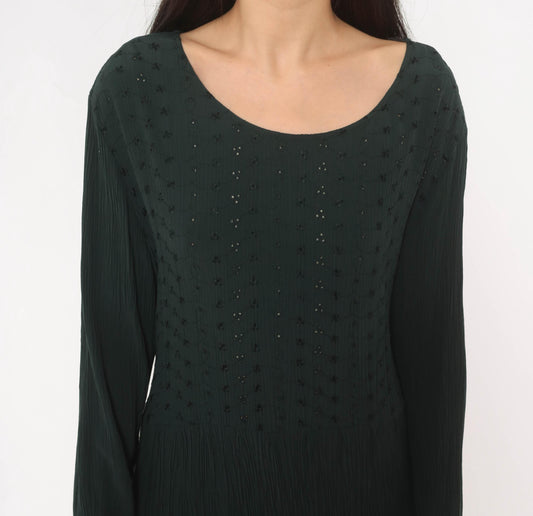 90s Special Thyme Ltd Forest Green Midi Dress Embroidered Eyelet Pleated Medium Large