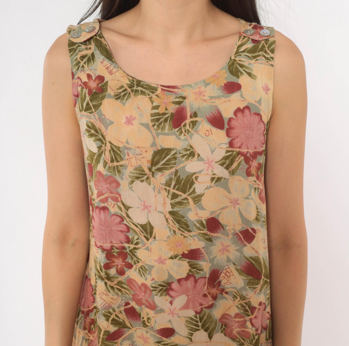 90s Dressing Clio Floral Shift Dress Cream Tropical Print Knee Length Small