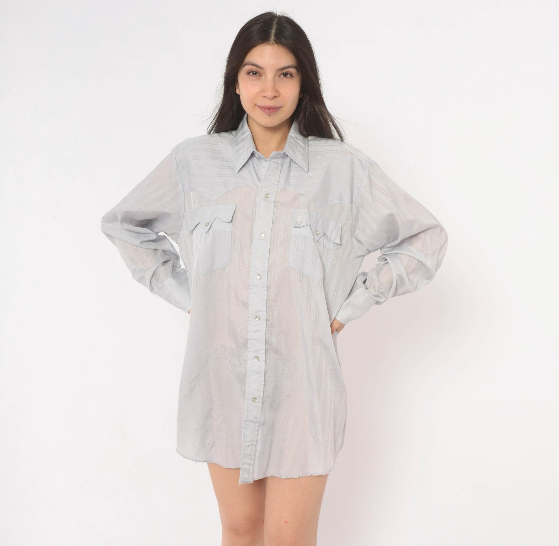 70s Prior Western Shirt Pearl Snap Pointed Collar Jacquard Stripe Blue Large L