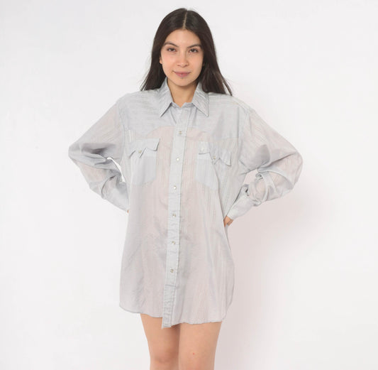 70s Prior Western Shirt Pearl Snap Pointed Collar Jacquard Stripe Blue Large L