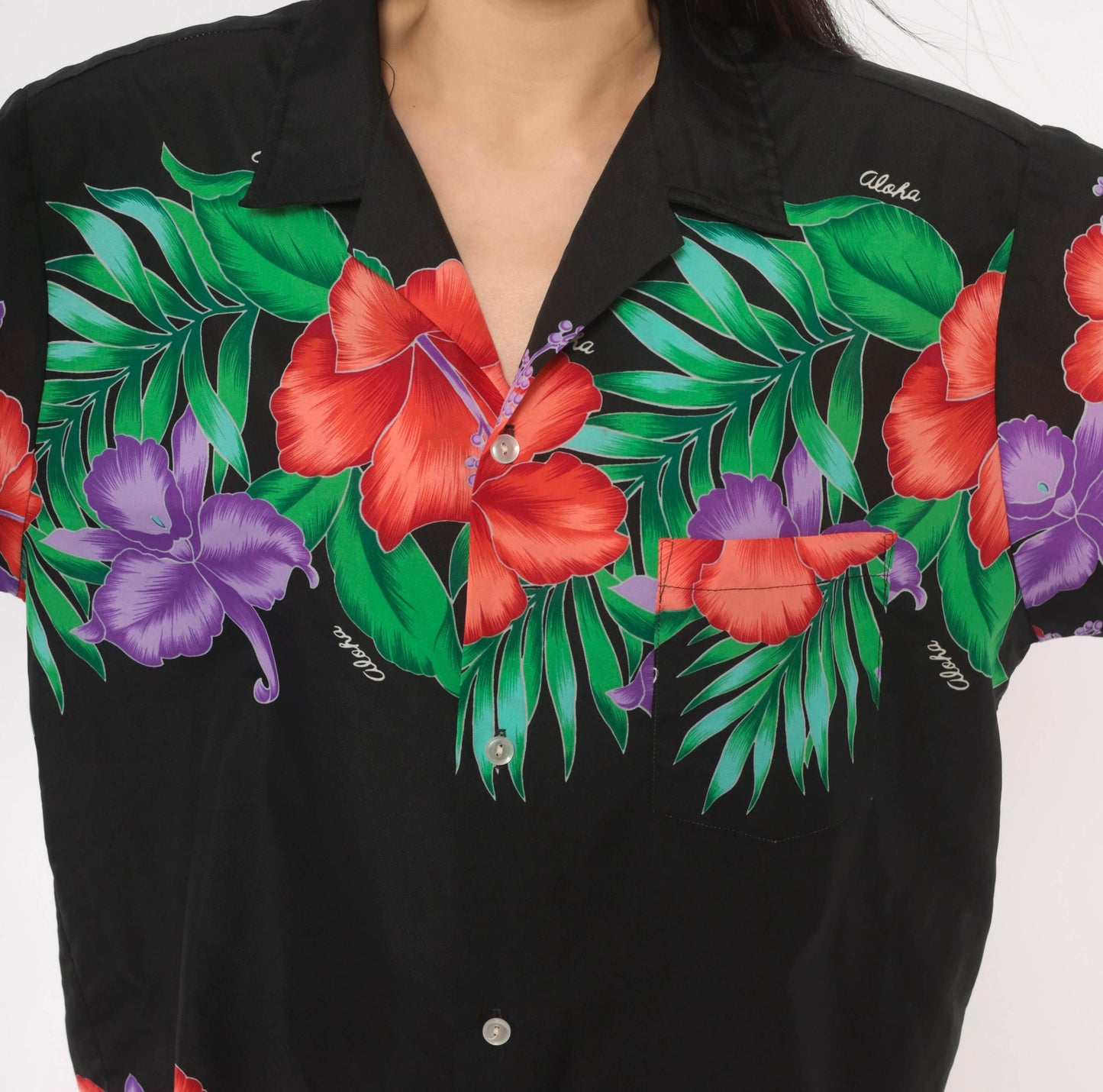 80s Made In Hawaii Hawaiian Shirt Black Hibiscus Floral Camp Collar Large