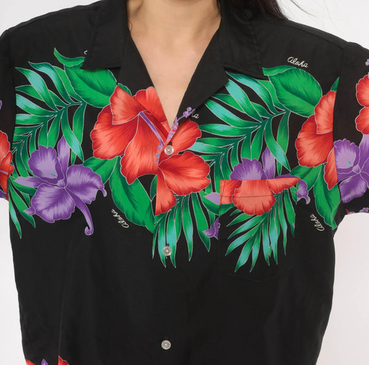 80s Made In Hawaii Hawaiian Shirt Black Hibiscus Floral Camp Collar Large