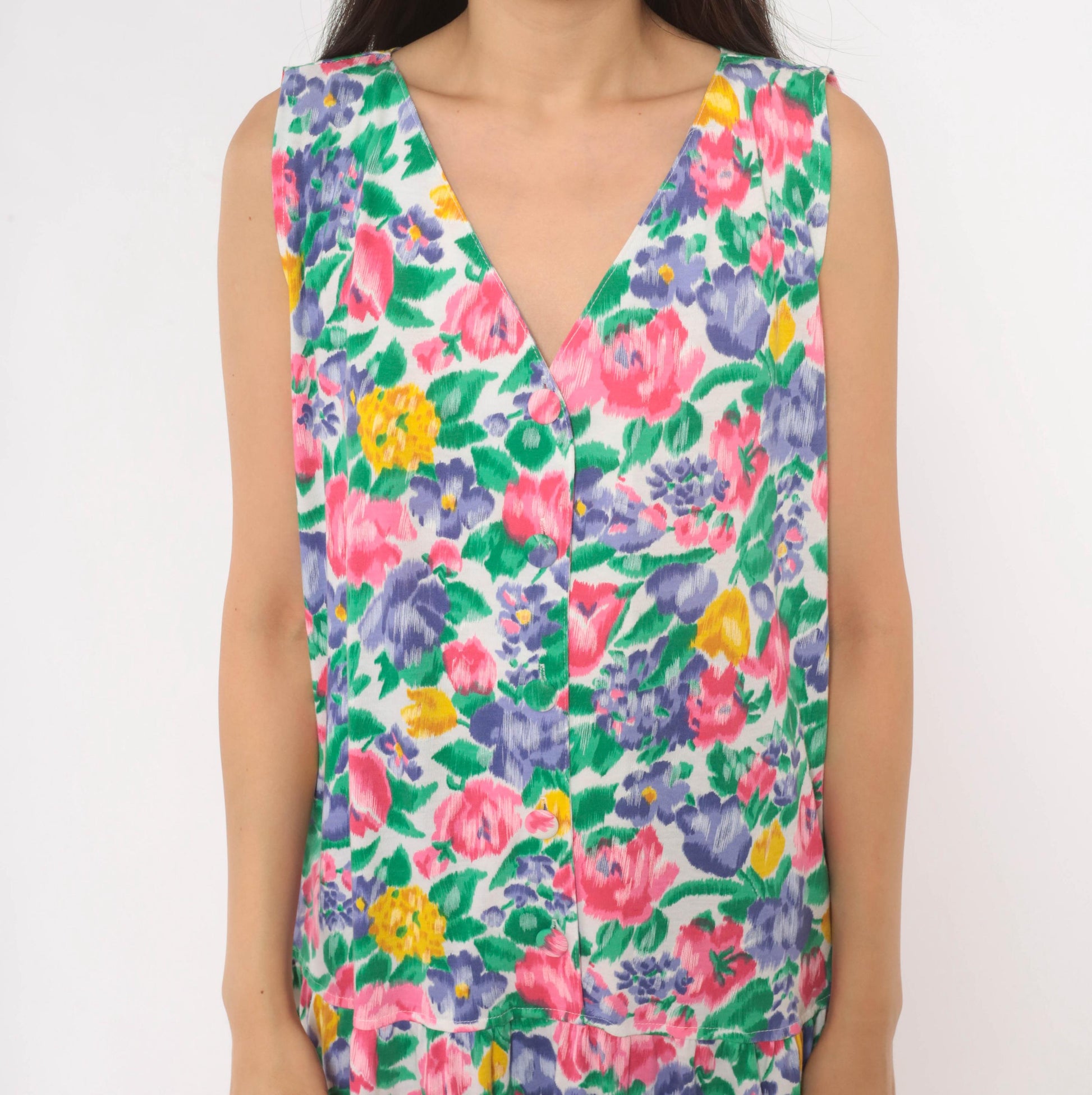 90s Fads Floral Maxi Dress Button Front V-Neck Sleeveless Pink Purple Extra Large XL