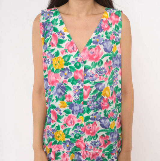 90s Fads Floral Maxi Dress Button Front V-Neck Sleeveless Pink Purple Extra Large XL