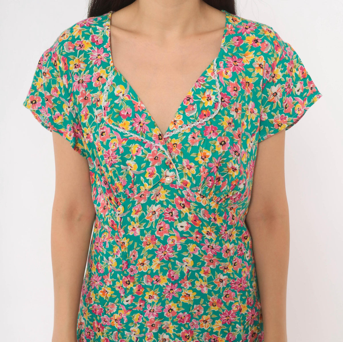 90s Hang Ten Floral Maxi Dress Green Pink Yellow V-Neck Wrap Bodice Large L